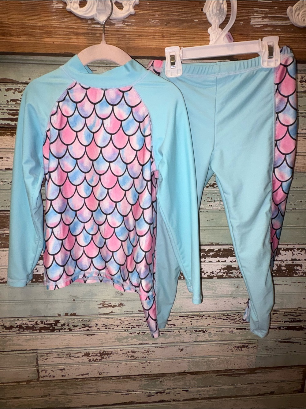 Girls' Mermaid Scale Rashguard Set - Light Blue, Pink & Blue